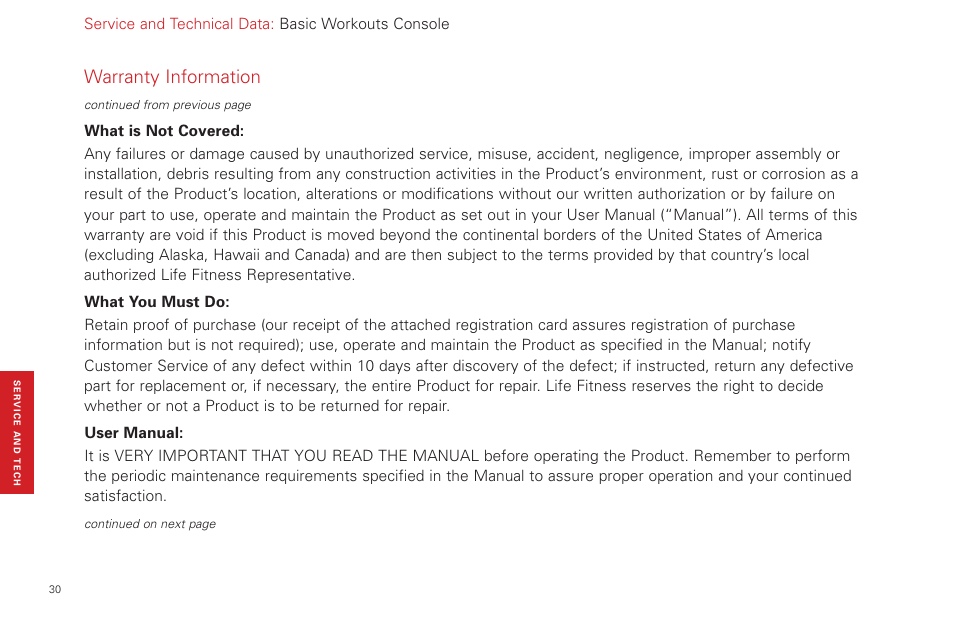 Warranty information, Service and technical data: basic workouts console | Life Fitness Basic Workouts Console FPO User Manual | Page 30 / 35