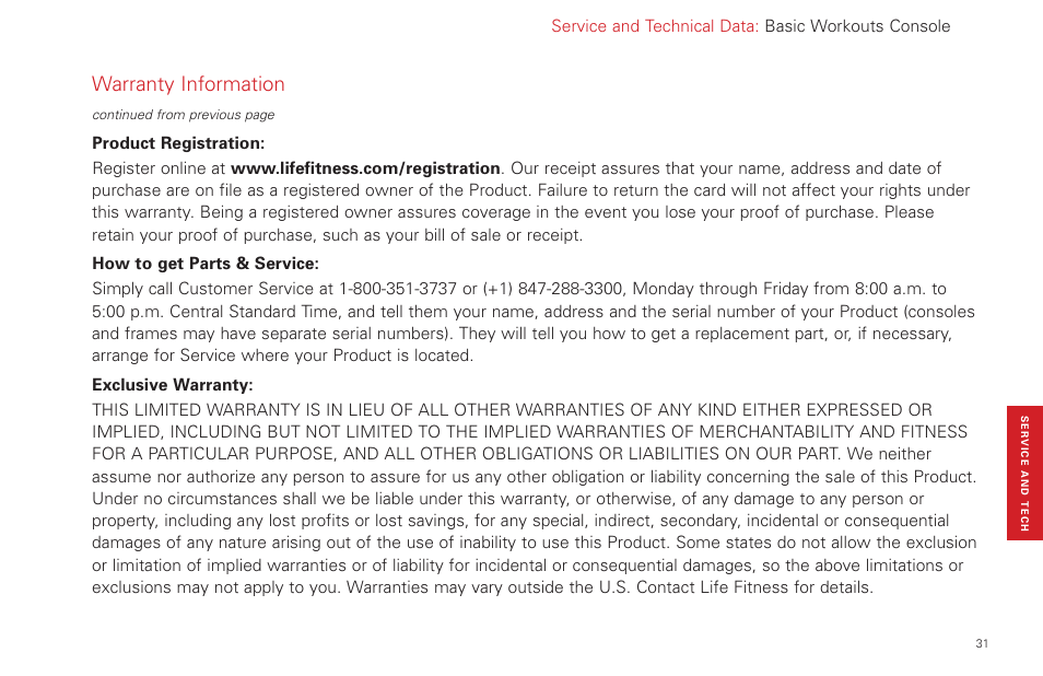 Warranty information, Service and technical data: basic workouts console | Life Fitness Basic Workouts Console FPO User Manual | Page 31 / 35