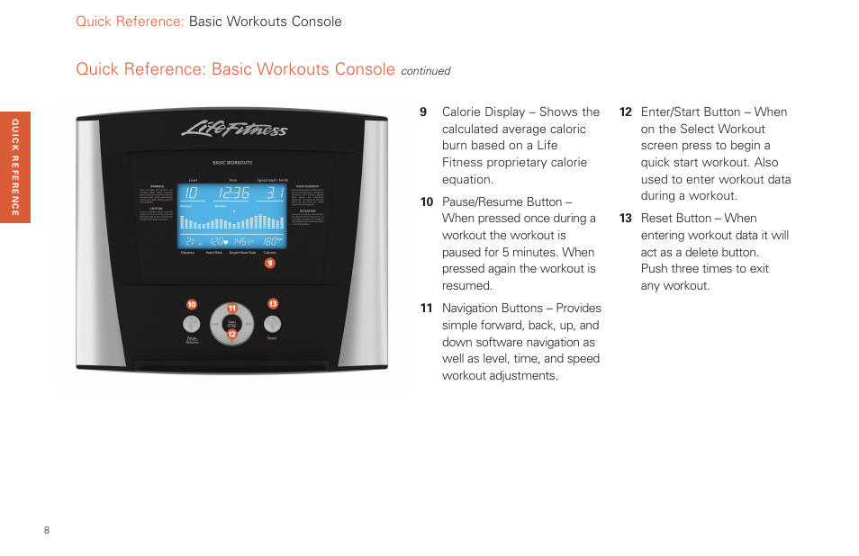 Quick reference: basic workouts console | Life Fitness Basic Workouts Console FPO User Manual | Page 8 / 35