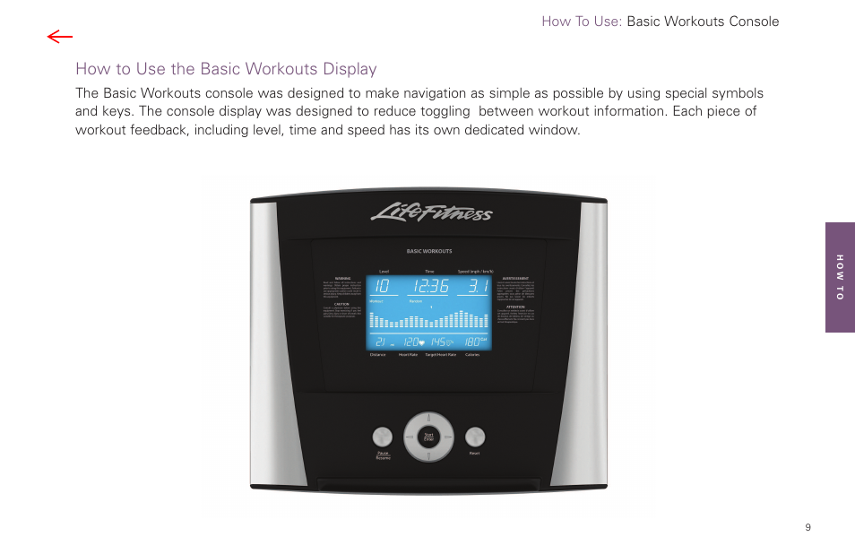 How to use the basic workouts display | Life Fitness Basic Workouts Console FPO User Manual | Page 9 / 35