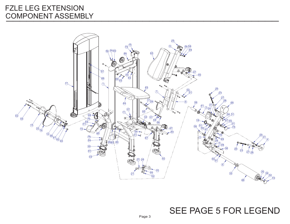 See page 5 for legend, Component assembly, Fzle leg extension | Page 3 | Life Fitness Signature Series FZLE User Manual | Page 3 / 14