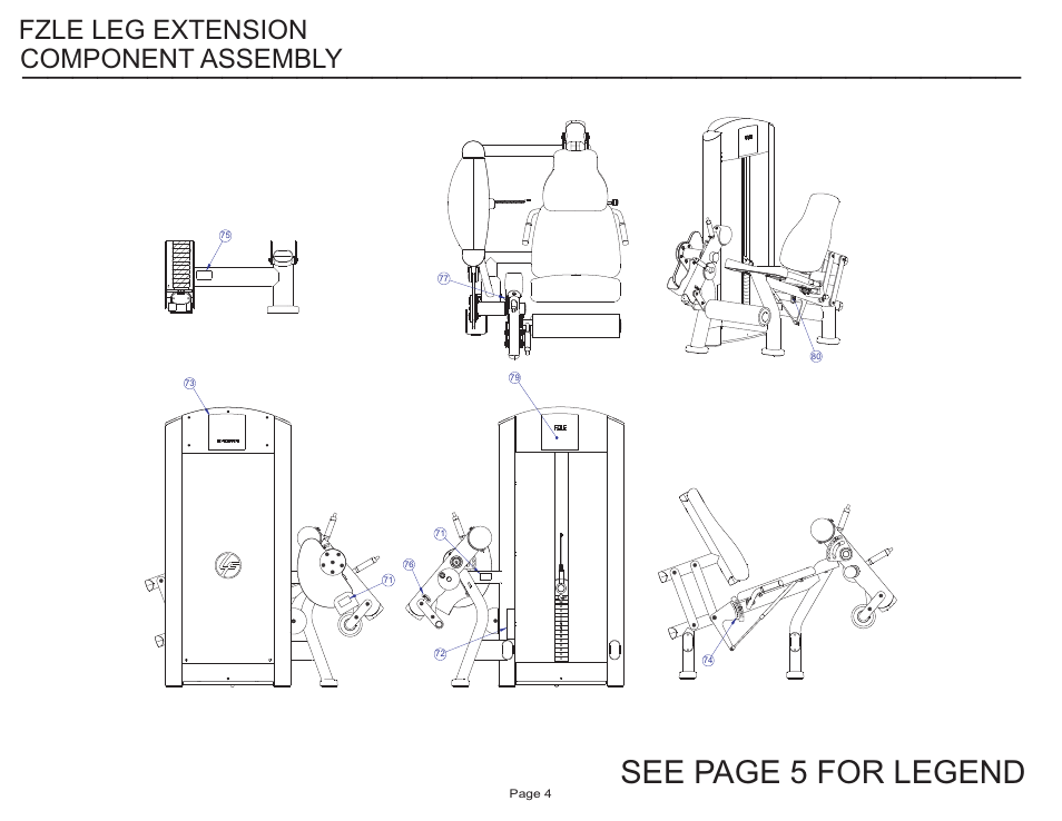 See page 5 for legend, Component assembly, Fzle leg extension | Life Fitness Signature Series FZLE User Manual | Page 4 / 14