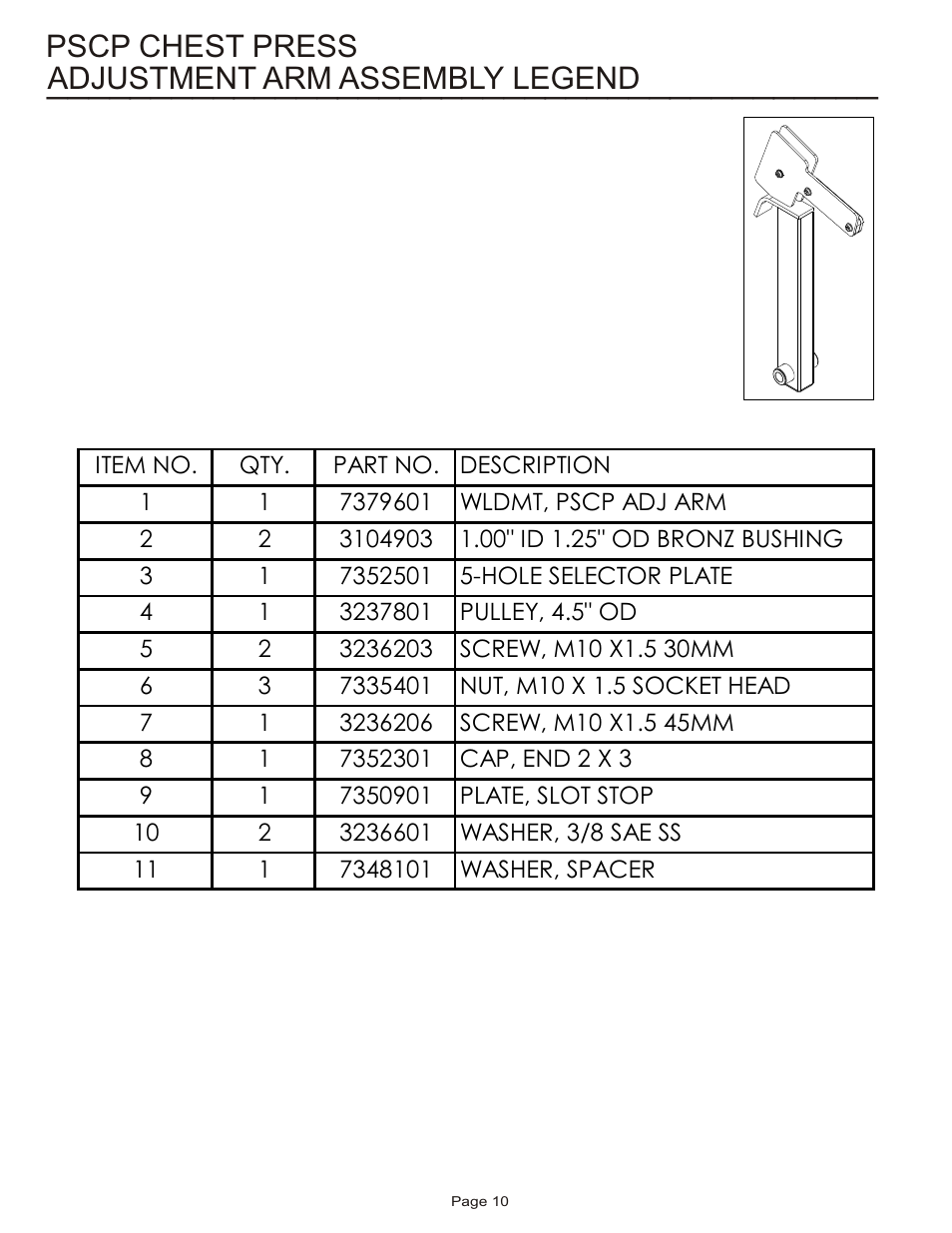 Adjustment arm assembly legend, Pscp chest press | Life Fitness Pro 2 Series PSCP User Manual | Page 10 / 19