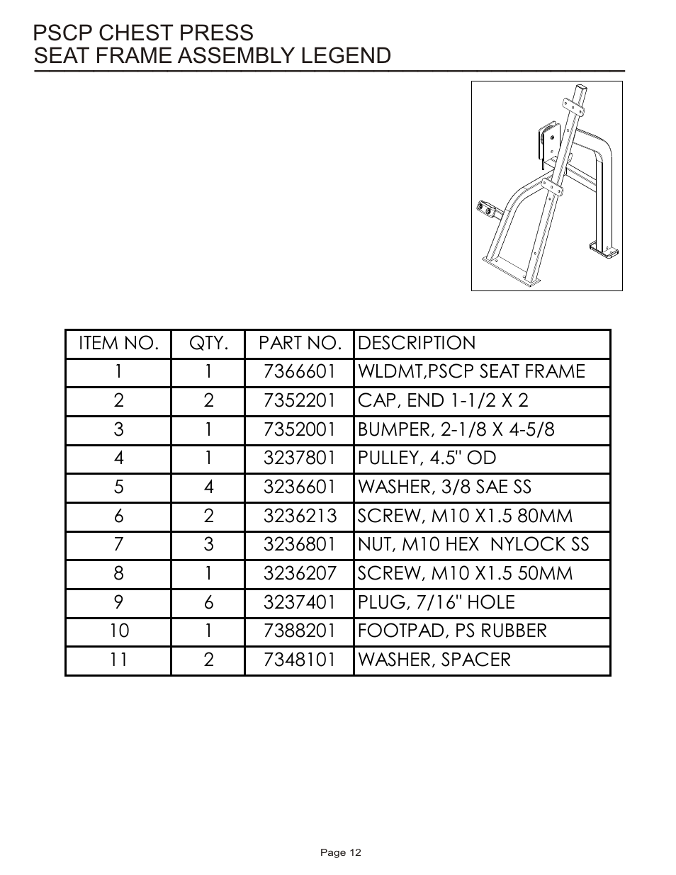 Pscp chest press seat frame assembly legend | Life Fitness Pro 2 Series PSCP User Manual | Page 12 / 19