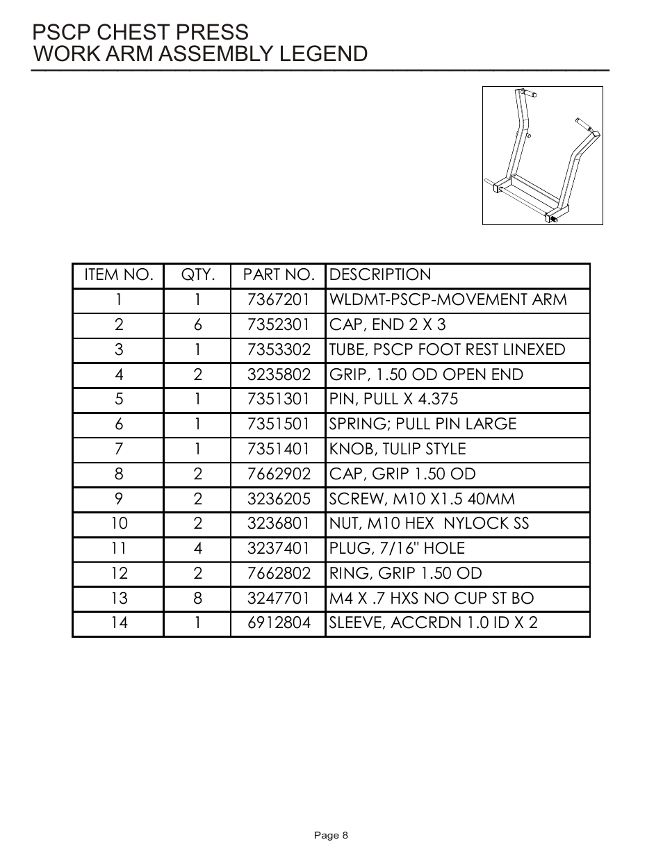 Work arm assembly legend pscp chest press | Life Fitness Pro 2 Series PSCP User Manual | Page 8 / 19