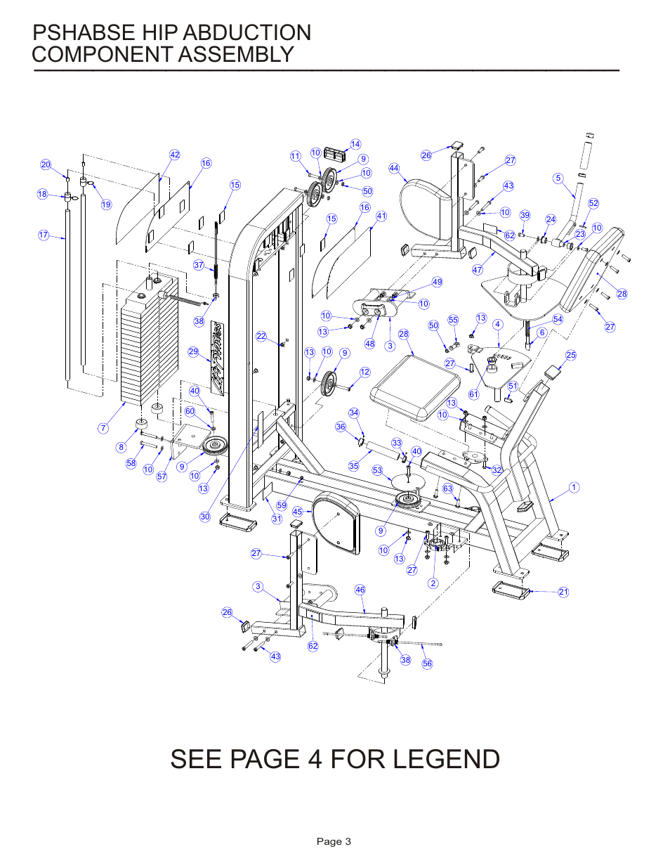 See page 4 for legend, Component assembly, Pshabse hip abduction | Life Fitness Hip Abduction PSHABSE User Manual | Page 3 / 10