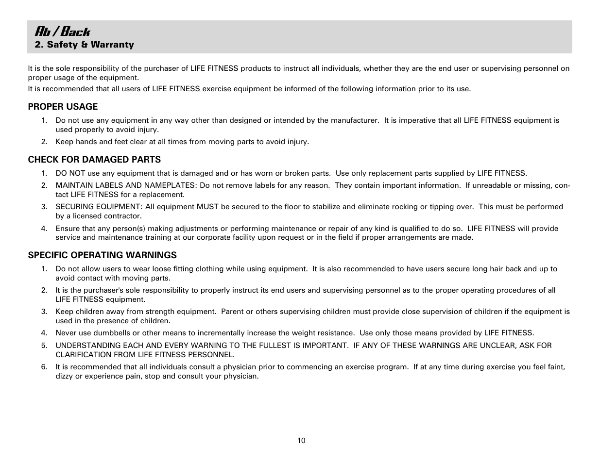 Ab / back | Life Fitness Ab/Back Machine User Manual | Page 10 / 16