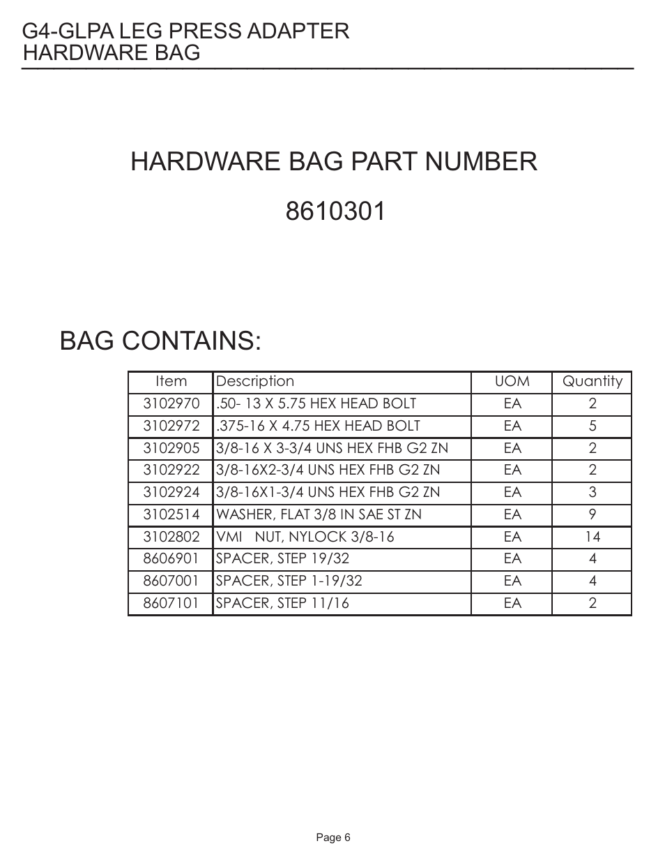 0301 hardware bag part number bag contains, Hardware bag, G4-glpa leg press adapter | Life Fitness G4-GLPA-001 User Manual | Page 6 / 6