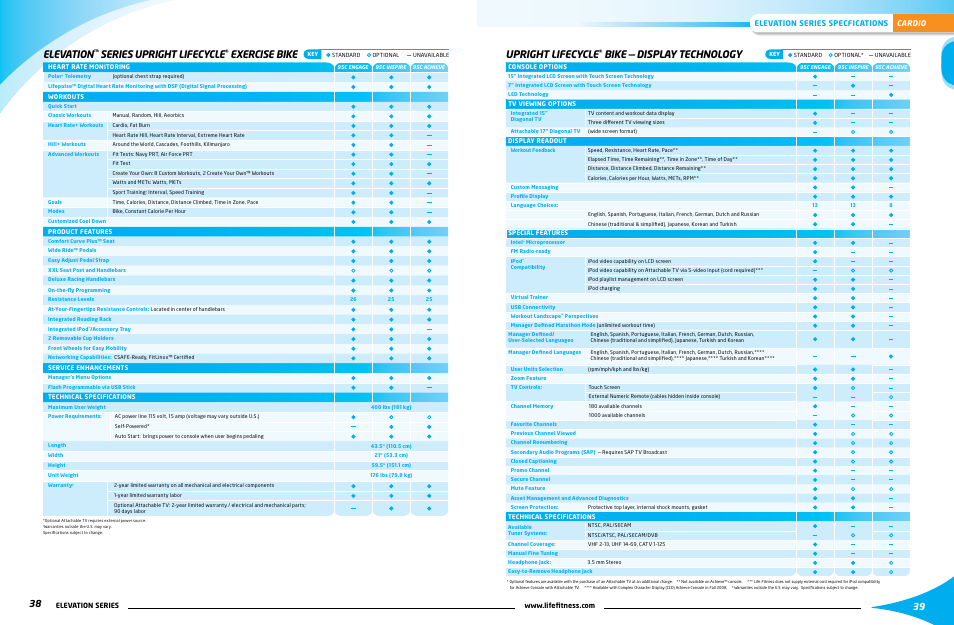 Upright lifecycle, Bike — display technology, Elevation | Series upright lifecycle, Exercise bike, Cardio elevation series specfications, Elevation series | Life Fitness Elevation Series User Manual | Page 13 / 13