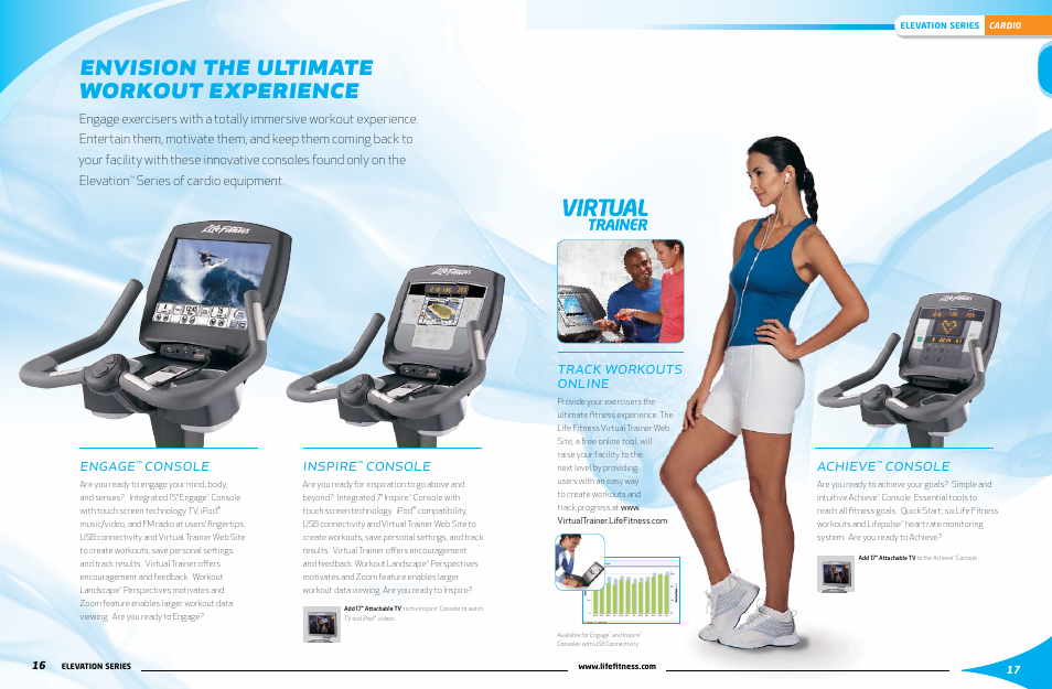 Envision the ultimate workout experience, Engage, Console | Inspire, Achieve, Track workouts online, Series of cardio equipment | Life Fitness Elevation Series User Manual | Page 2 / 13