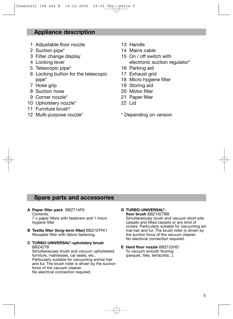 De appliance description, Spare parts and accessories | Bosch BSN1 User Manual | Page 10 / 95