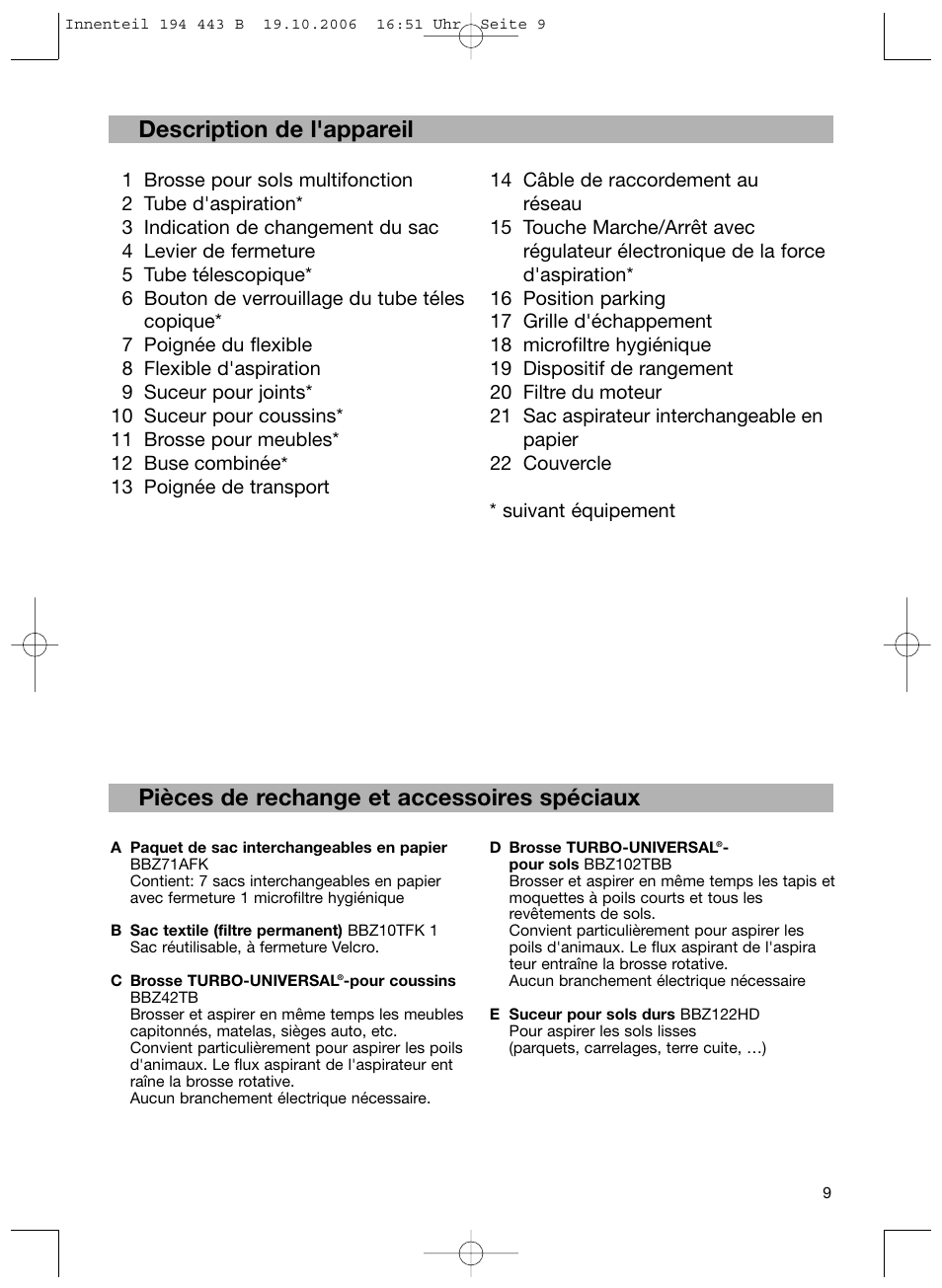 De description de l'appareil, Pièces de rechange et accessoires spéciaux | Bosch BSN1 User Manual | Page 14 / 95