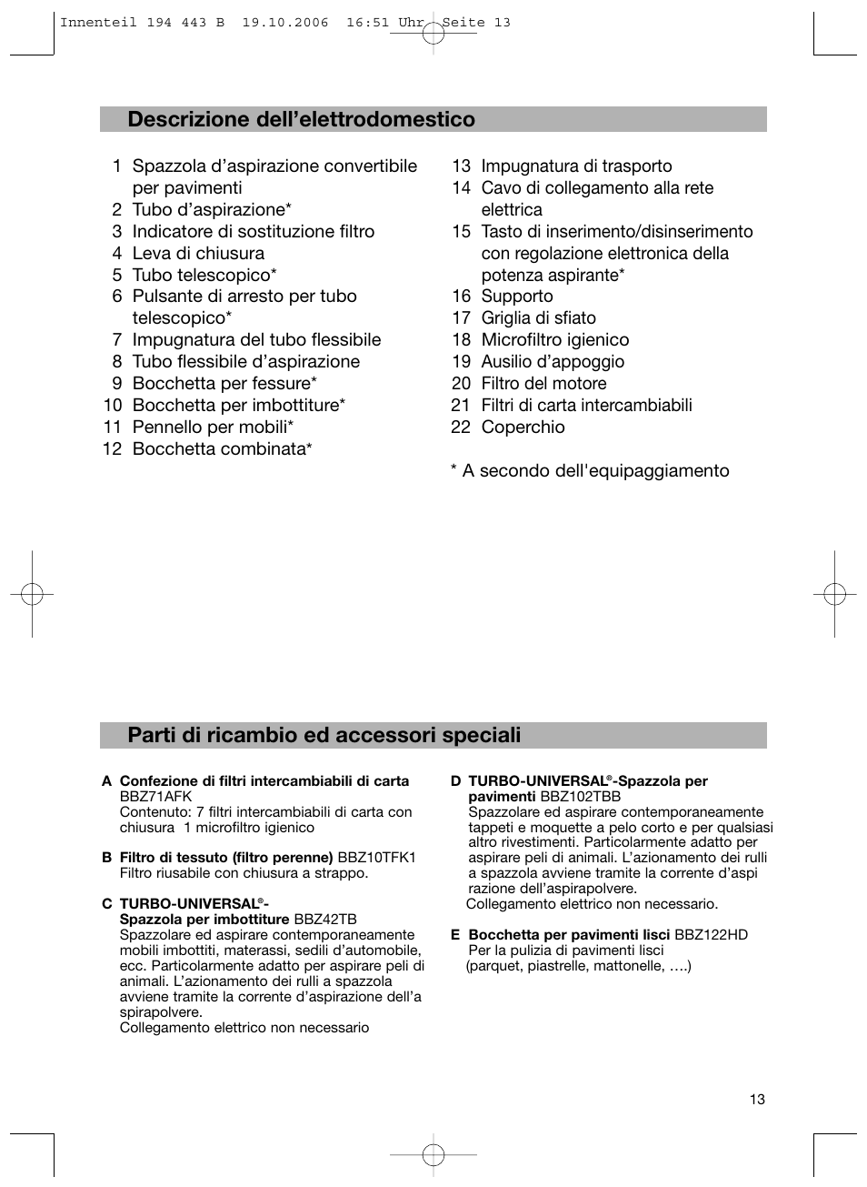 Descrizione dell’elettrodomestico, Parti di ricambio ed accessori speciali | Bosch BSN1 User Manual | Page 18 / 95