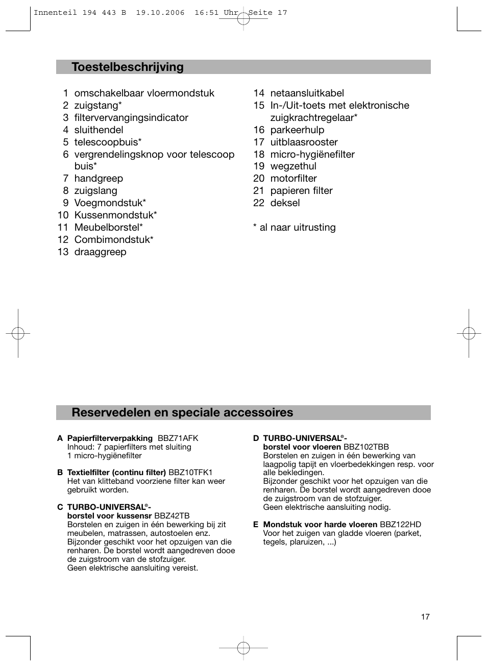 Toestelbeschrijving, Reservedelen en speciale accessoires | Bosch BSN1 User Manual | Page 22 / 95