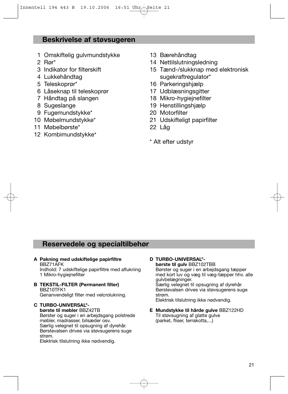 Beskrivelse af støvsugeren, Reservedele og specialtilbehør | Bosch BSN1 User Manual | Page 26 / 95