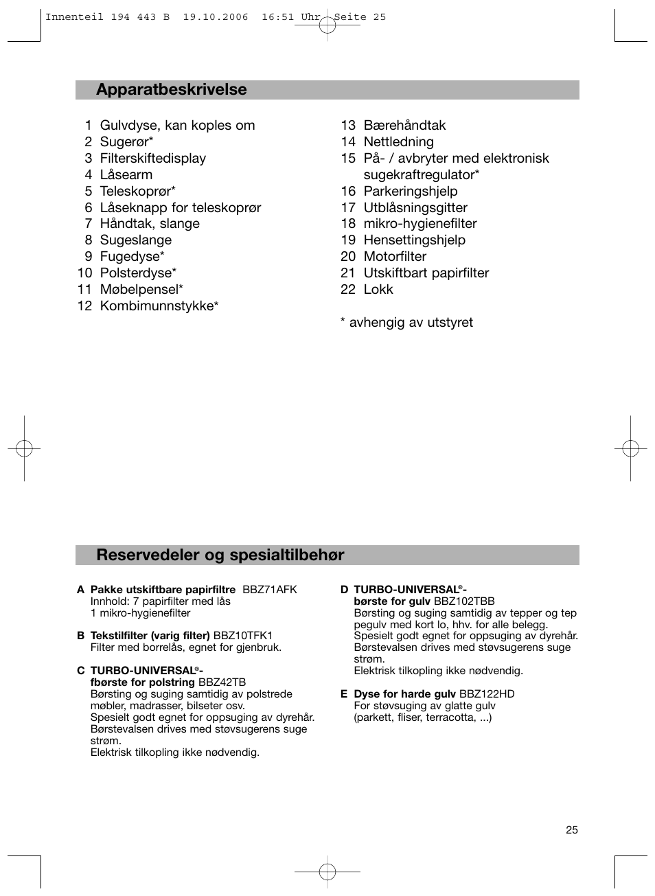 Apparatbeskrivelse, Reservedeler og spesialtilbehør | Bosch BSN1 User Manual | Page 30 / 95