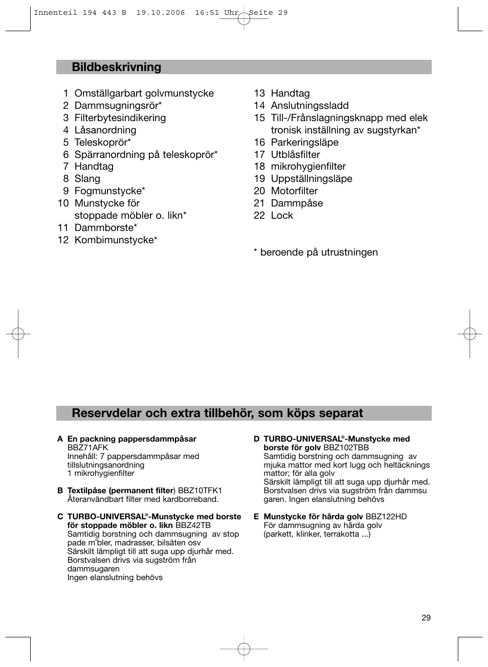 Bildbeskrivning, Reservdelar och extra tillbehör, som köps separat | Bosch BSN1 User Manual | Page 34 / 95