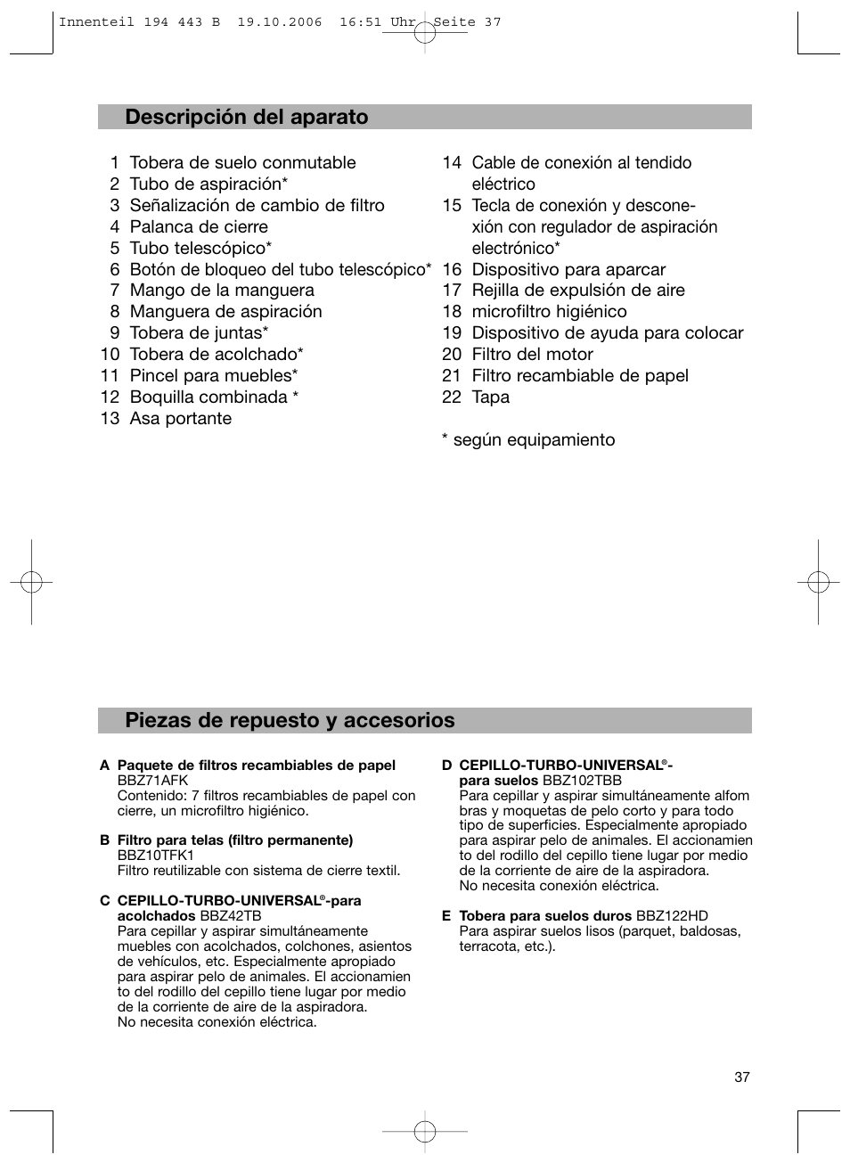 Descripción del aparato, Piezas de repuesto y accesorios | Bosch BSN1 User Manual | Page 42 / 95