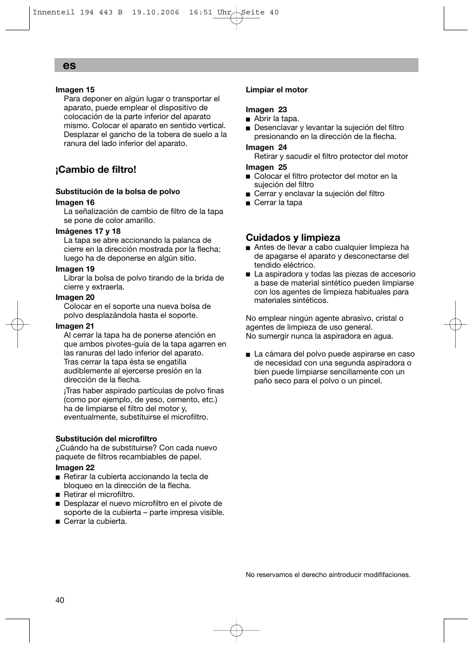 Cambio de filtro, Cuidados y limpieza | Bosch BSN1 User Manual | Page 45 / 95