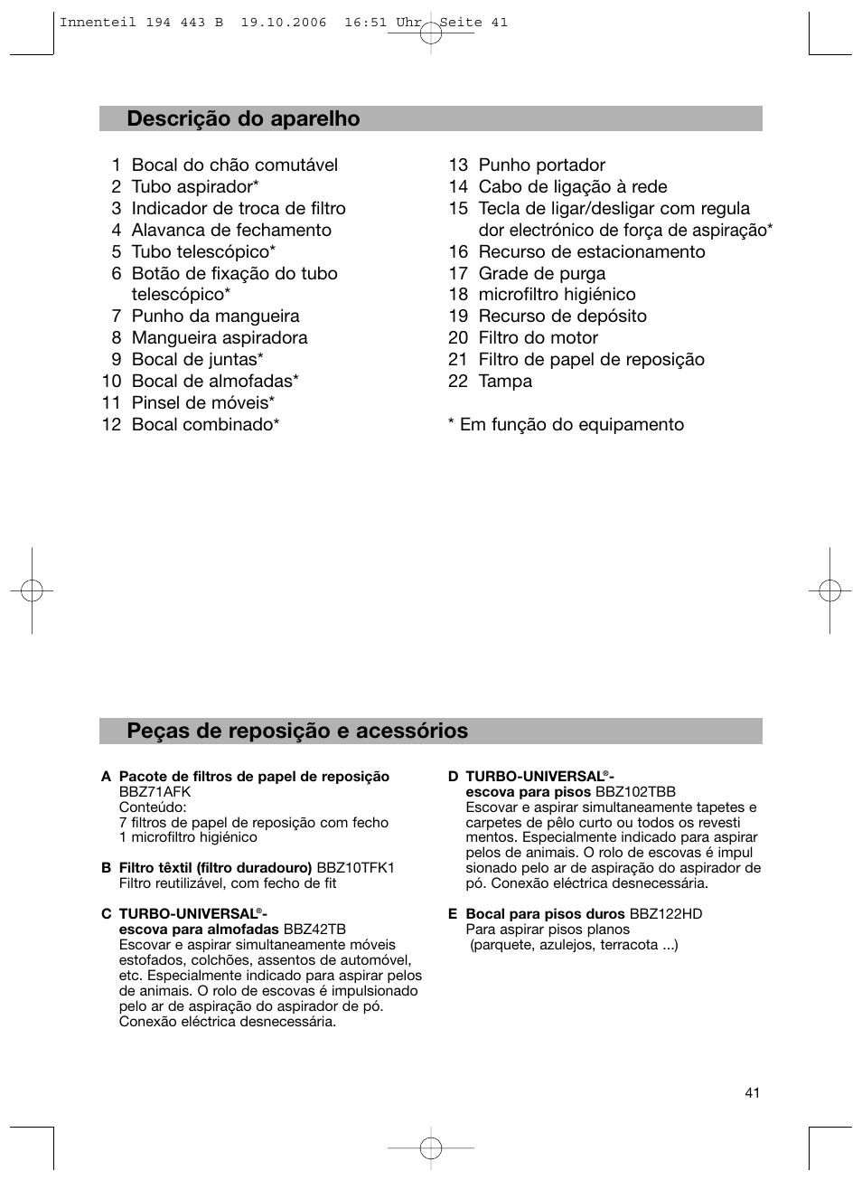 Descrição do aparelho, Peças de reposição e acessórios | Bosch BSN1 User Manual | Page 46 / 95