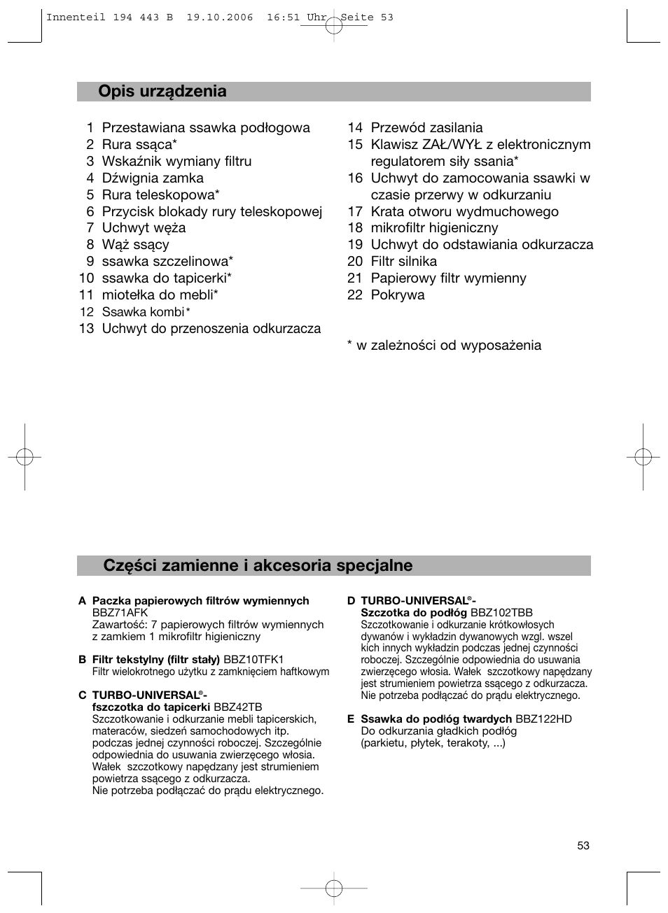 Opis urządzenia, Części zamienne i akcesoria specjalne | Bosch BSN1 User Manual | Page 58 / 95