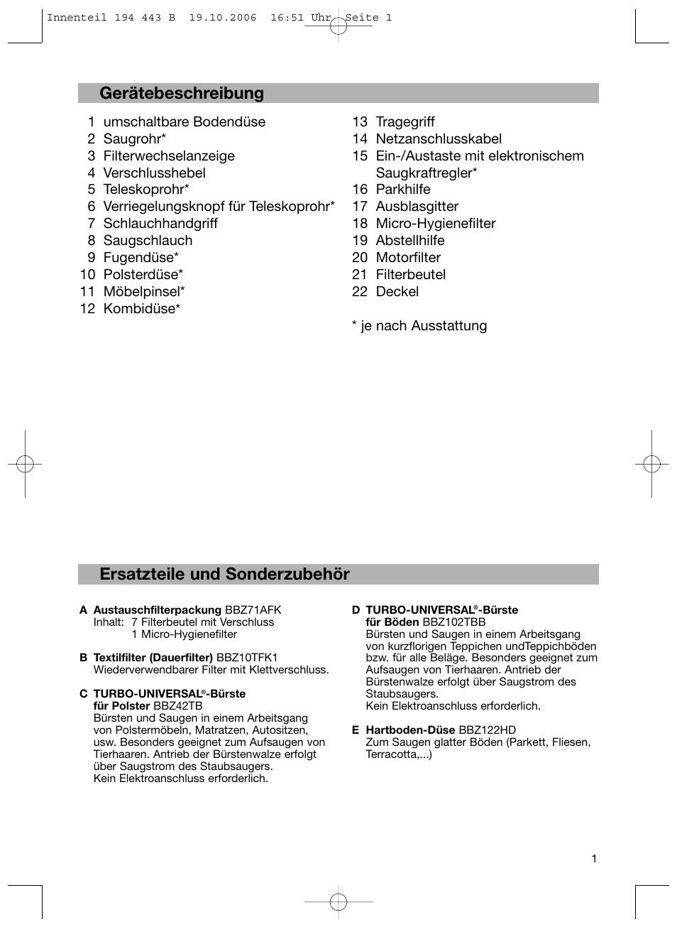 Gerätebeschreibung, Ersatzteile und sonderzubehör | Bosch BSN1 User Manual | Page 6 / 95