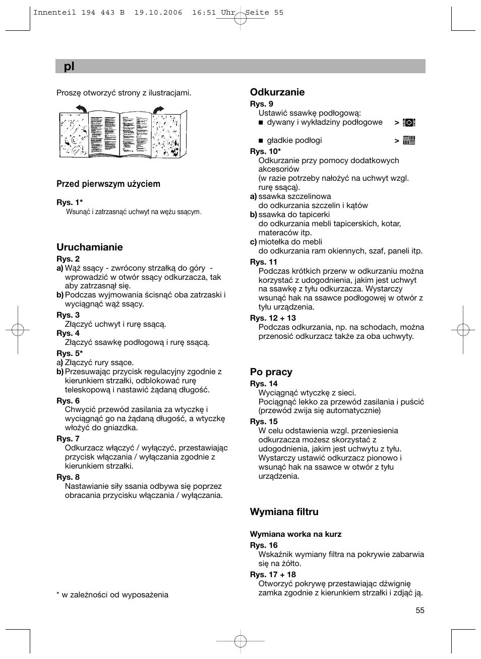 Przed pierwszym użyciem, Uruchamianie, Odkurzanie | Po pracy, Wymiana filtru | Bosch BSN1 User Manual | Page 60 / 95