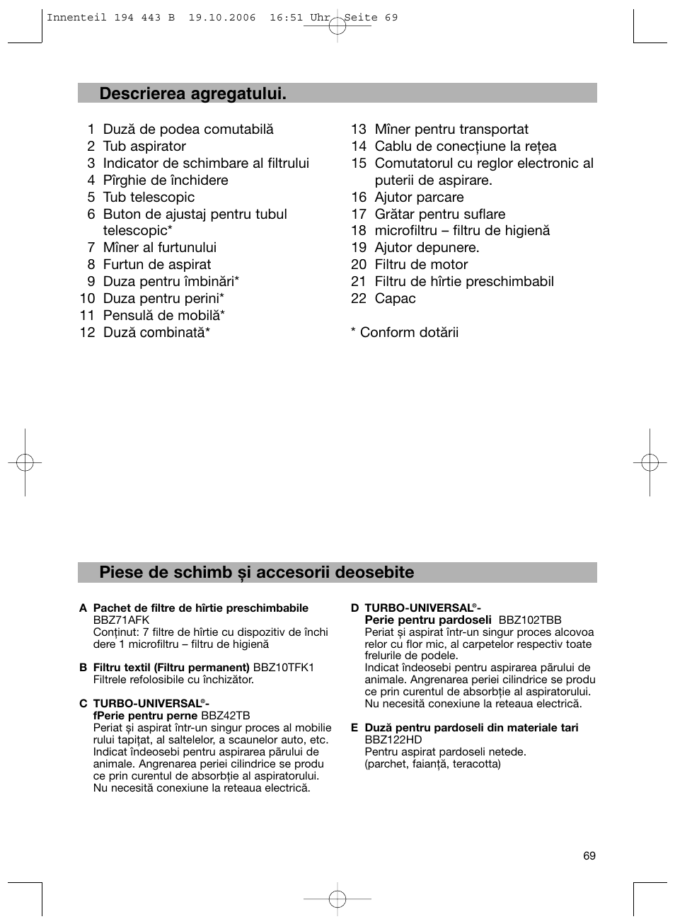 Descrierea agregatului, Piese de schimb și accesorii deosebite | Bosch BSN1 User Manual | Page 74 / 95