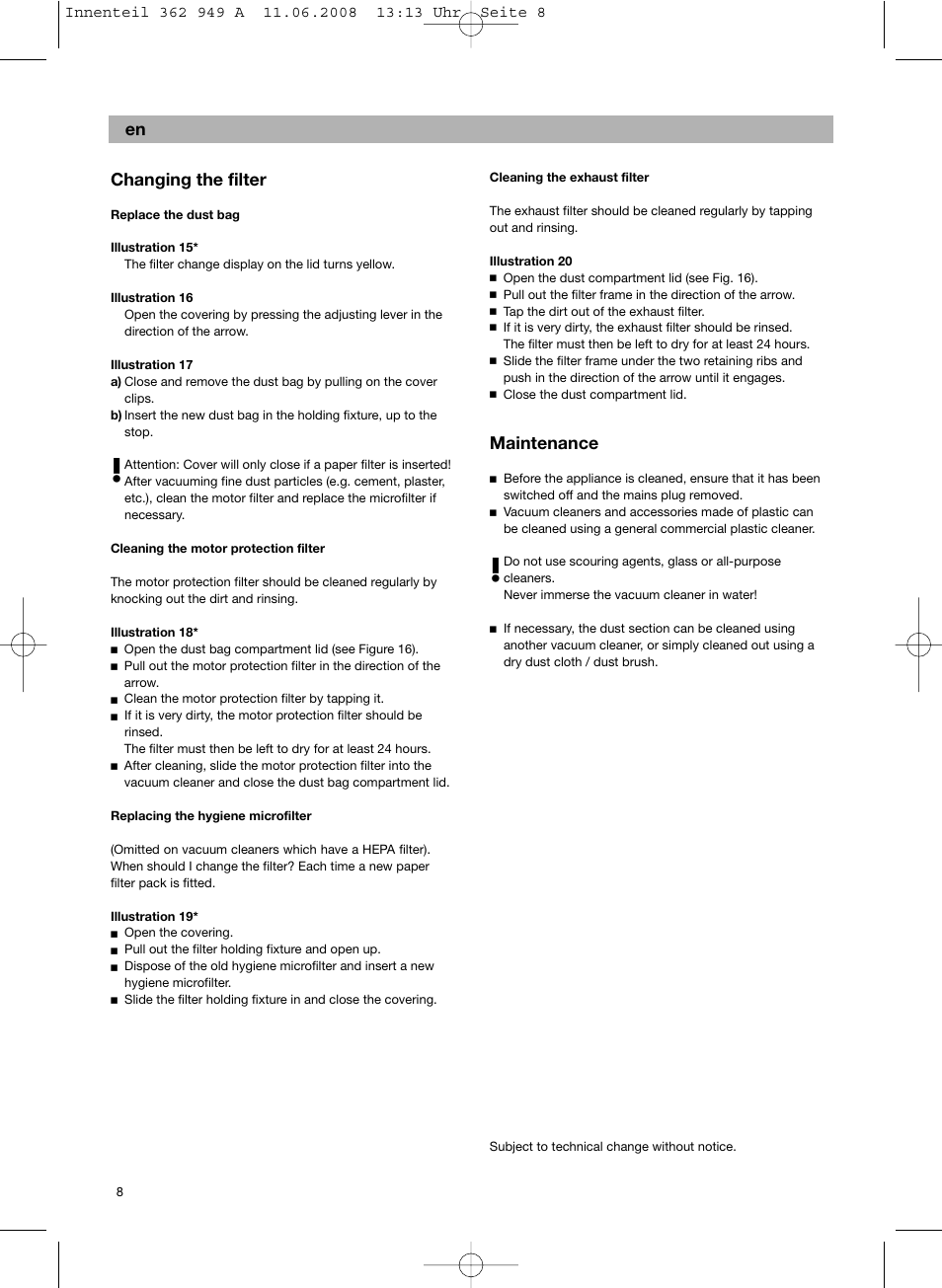 De changing the filter, Maintenance | Bosch BSGL 2MOVE2 User Manual | Page 10 / 90