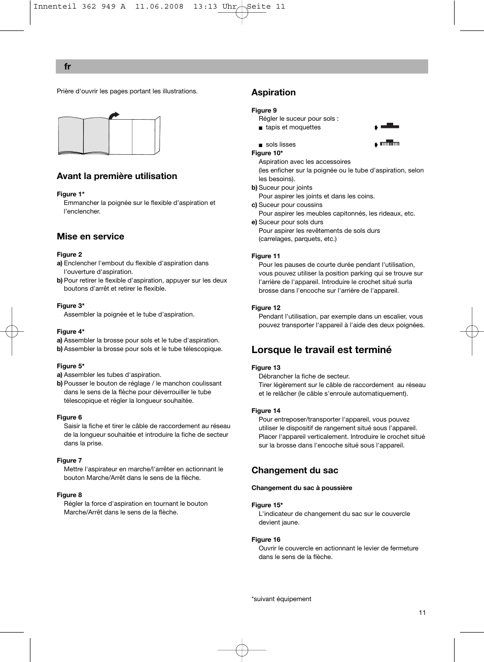 Lorsque le travail est terminé, De fr, Avant la première utilisation | Mise en service, Aspiration, Changement du sac | Bosch BSGL 2MOVE2 User Manual | Page 13 / 90