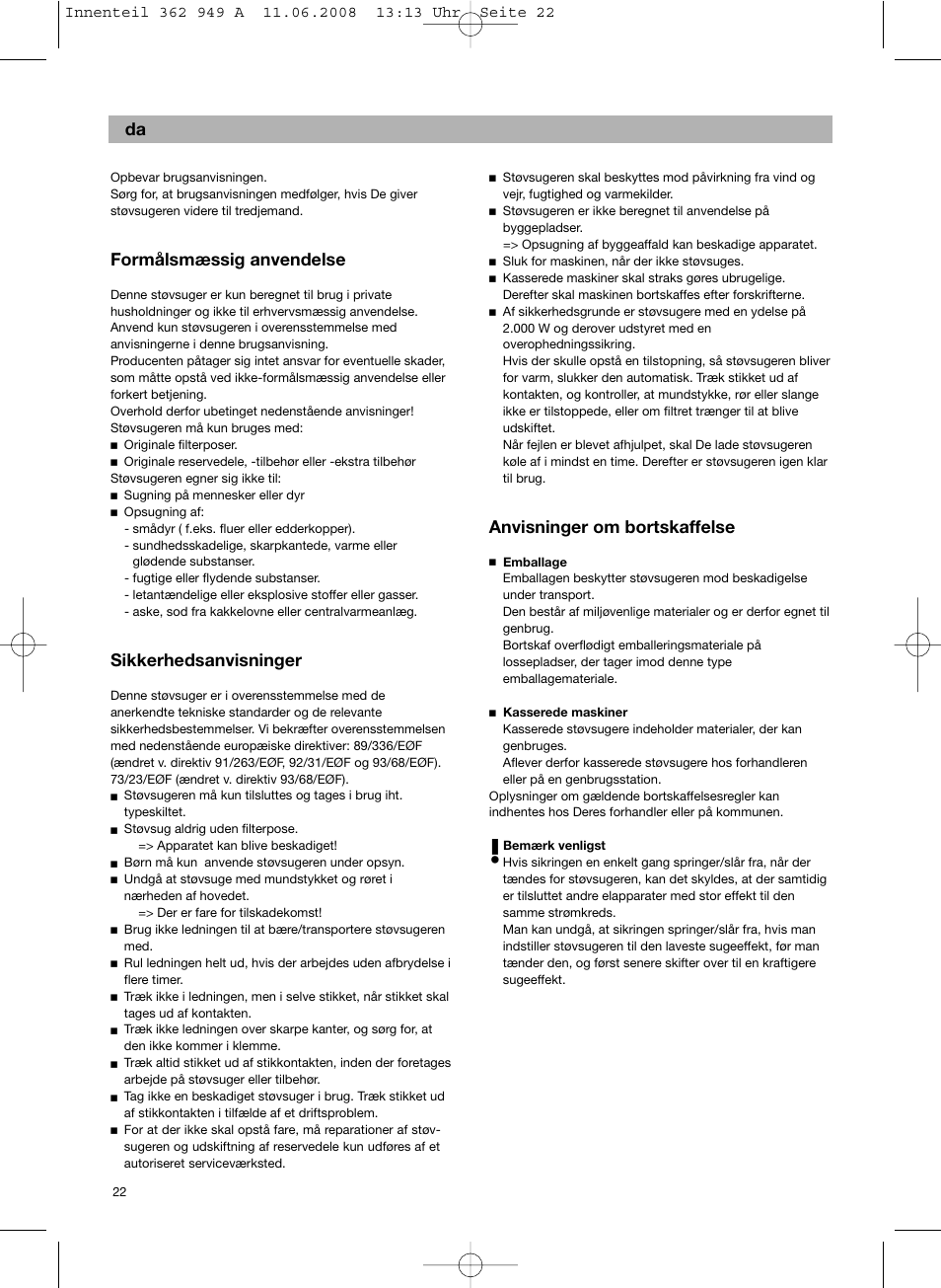 Formålsmæssig anvendelse, Sikkerhedsanvisninger, Anvisninger om bortskaffelse | Bosch BSGL 2MOVE2 User Manual | Page 24 / 90