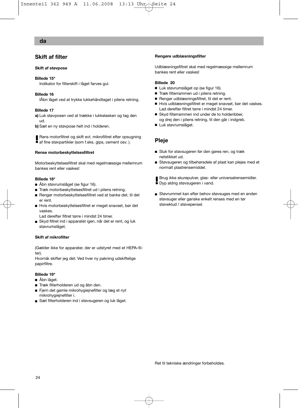 Da skift af filter, Pleje | Bosch BSGL 2MOVE2 User Manual | Page 26 / 90