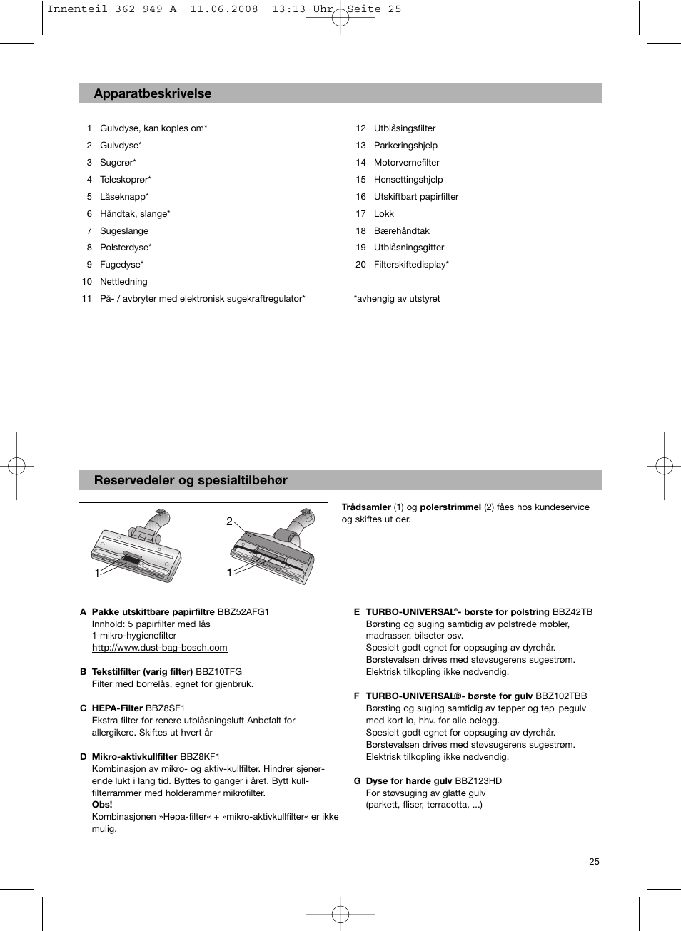 Apparatbeskrivelse reservedeler og spesialtilbehør | Bosch BSGL 2MOVE2 User Manual | Page 27 / 90