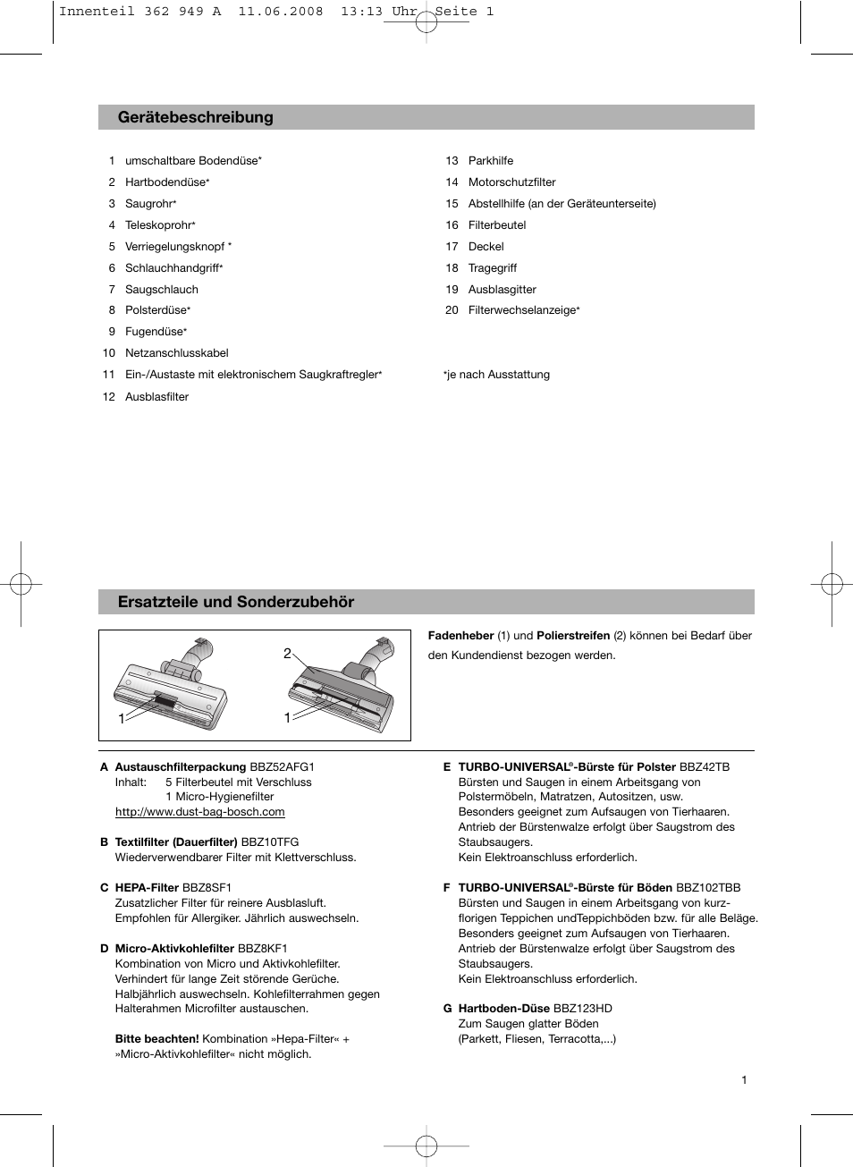 Gerätebeschreibung, Ersatzteile und sonderzubehör | Bosch BSGL 2MOVE2 User Manual | Page 3 / 90