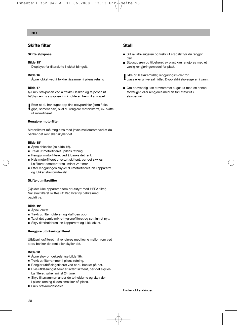 No skifte filter, Stell | Bosch BSGL 2MOVE2 User Manual | Page 30 / 90