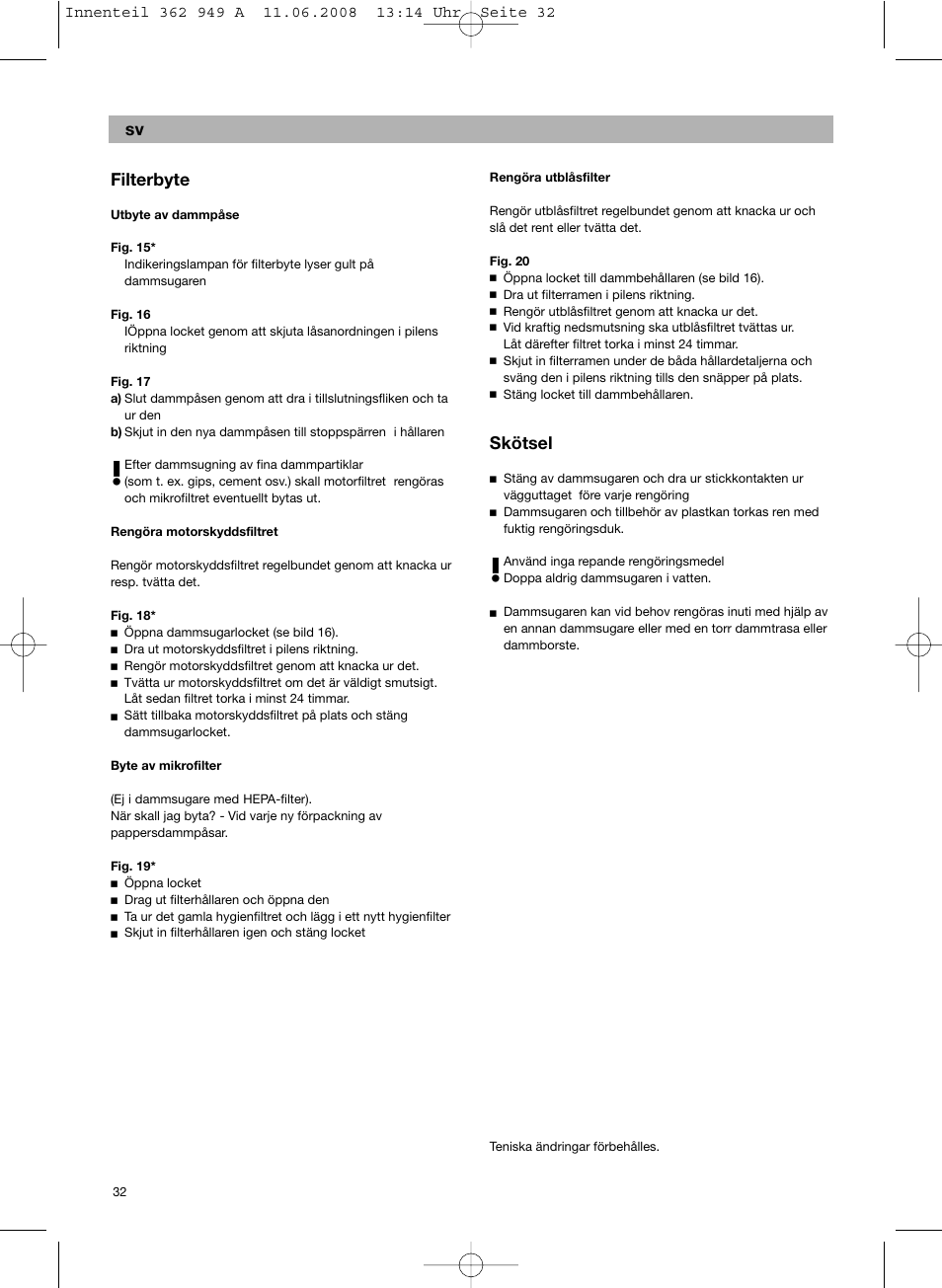 Sv filterbyte, Skötsel | Bosch BSGL 2MOVE2 User Manual | Page 34 / 90