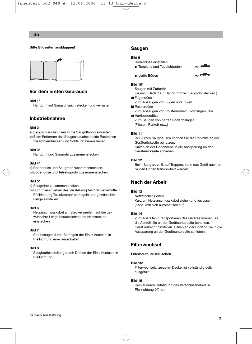 Vor dem ersten gebrauch, Inbetriebnahme, Saugen | Nach der arbeit, Filterwechsel | Bosch BSGL 2MOVE2 User Manual | Page 5 / 90