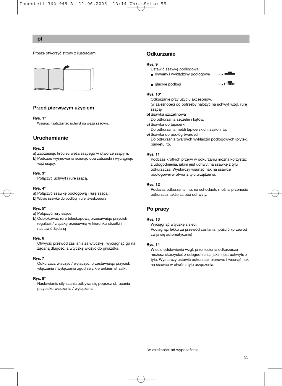 Przed pierwszym użyciem, Uruchamianie, Odkurzanie | Po pracy | Bosch BSGL 2MOVE2 User Manual | Page 57 / 90