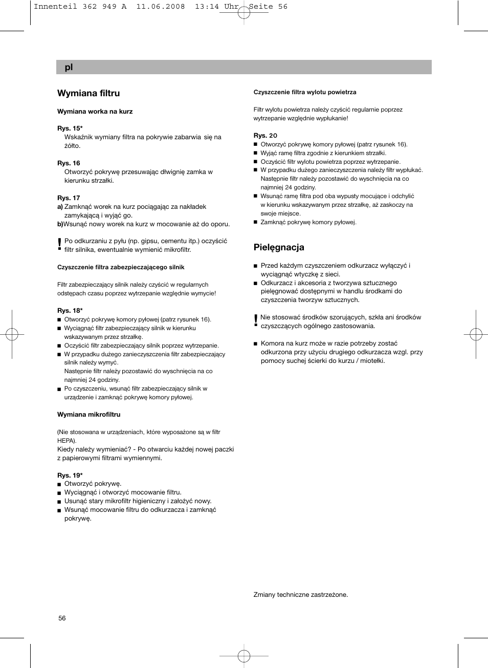 Pl wymiana filtru, Pielęgnacja | Bosch BSGL 2MOVE2 User Manual | Page 58 / 90