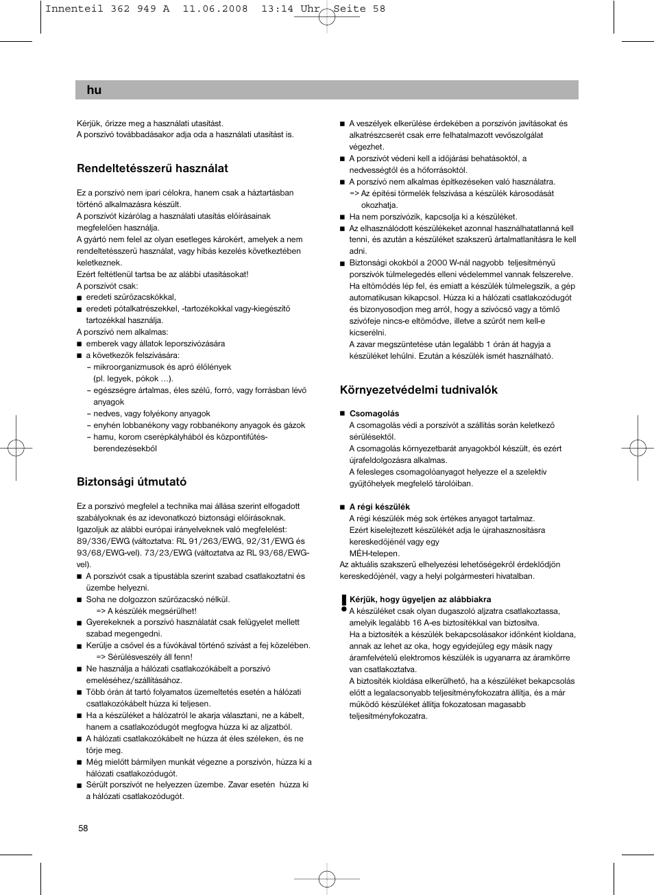 Rendeltetésszerű használat, Biztonsági útmutató, Környezetvédelmi tudnivalók | Bosch BSGL 2MOVE2 User Manual | Page 60 / 90