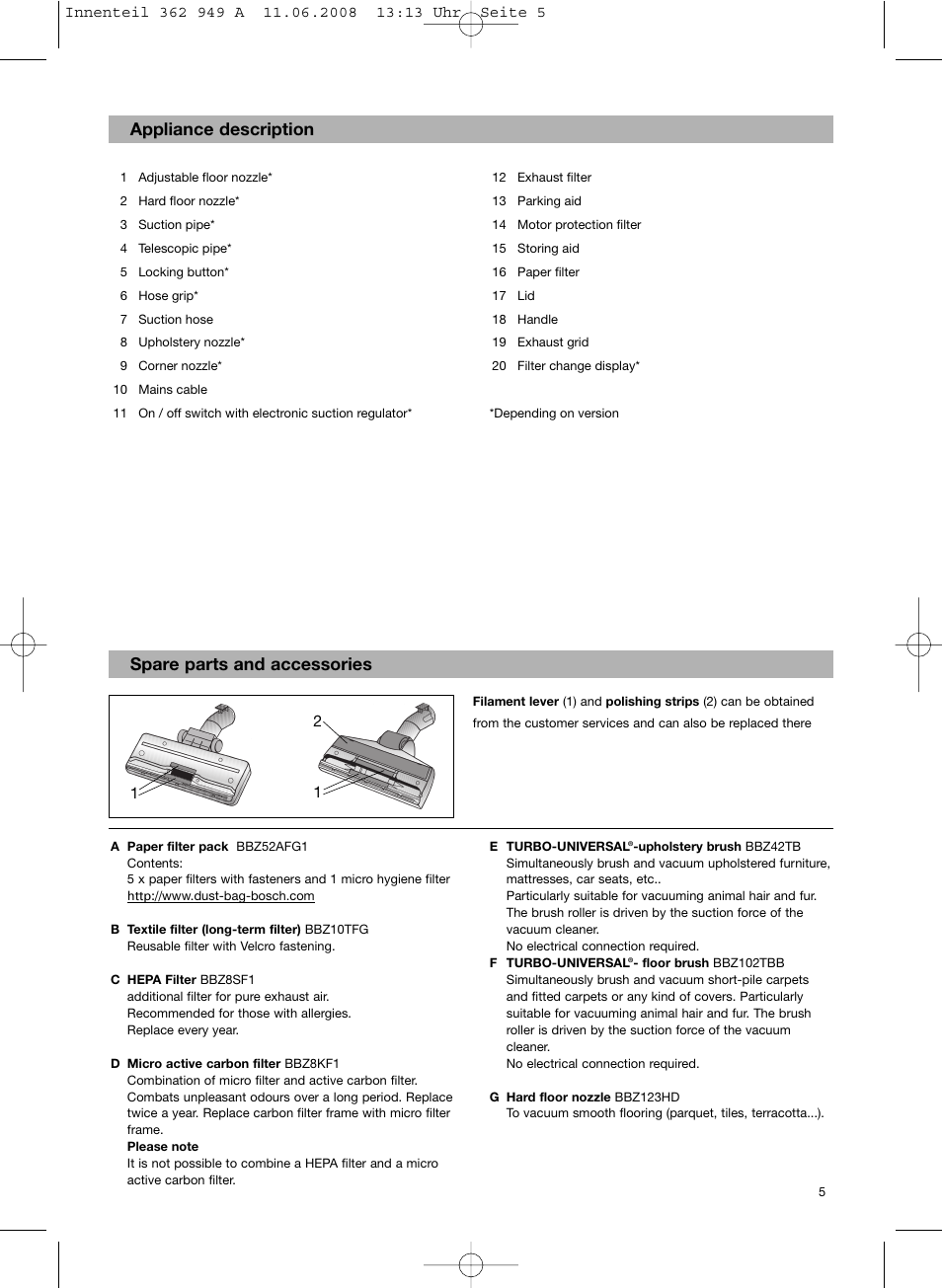 Appliance description spare parts and accessories | Bosch BSGL 2MOVE2 User Manual | Page 7 / 90