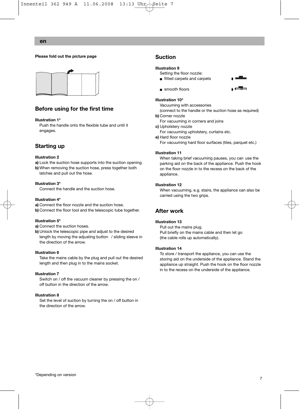 De suction, After work, Before using for the first time | Starting up | Bosch BSGL 2MOVE2 User Manual | Page 9 / 90