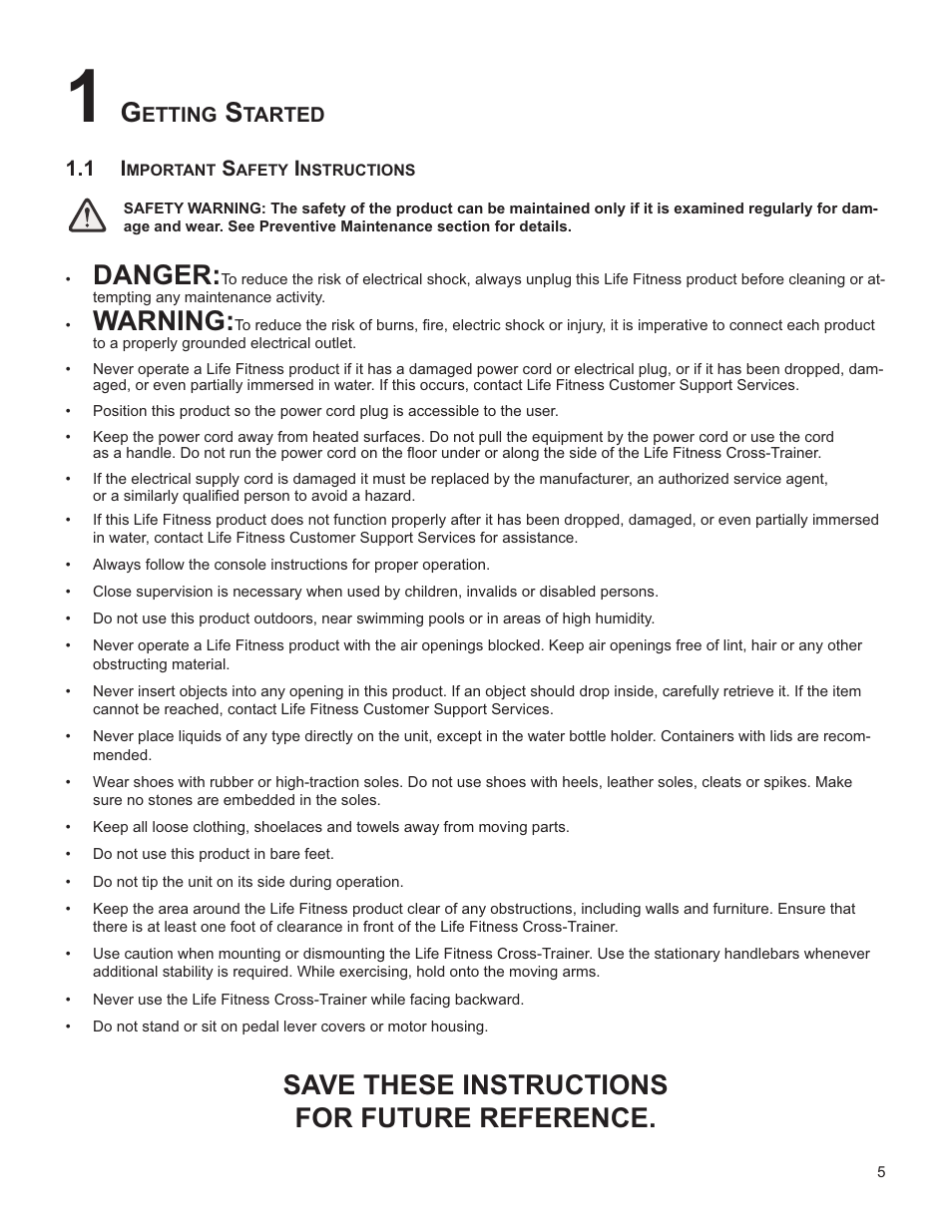 Danger, Warning, Save these instructions for future reference | Life Fitness INTEGRITY SERIES M051-00K61-A137 User Manual | Page 6 / 43