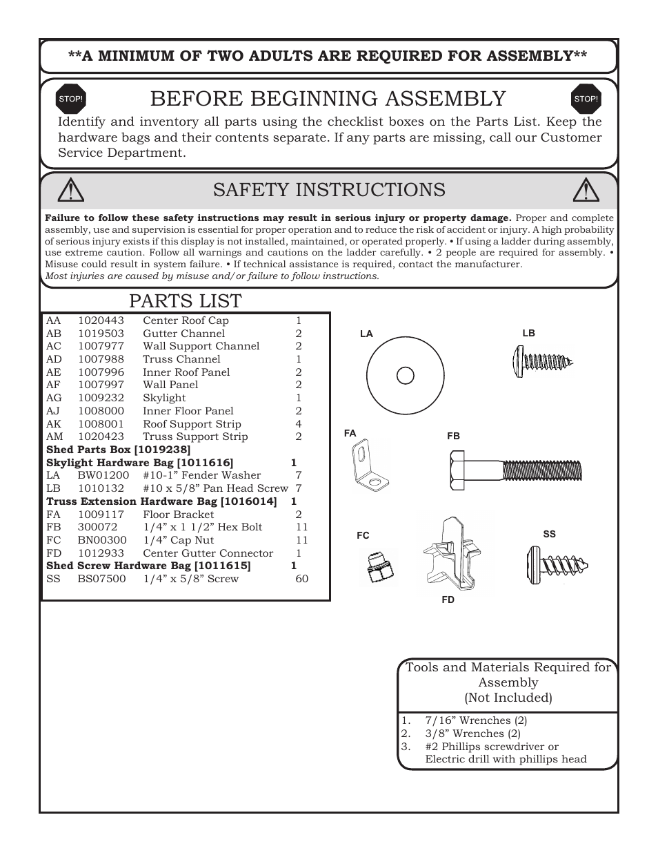 Before beginning assembly, Safety instructions, Parts list | A minimum of two adults are required for assembly | Lifetime 125 User Manual | Page 2 / 11