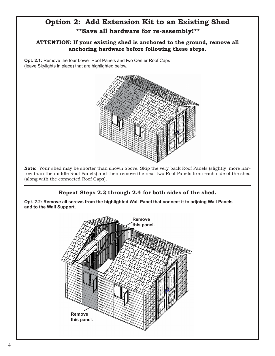 Option 2: add extension kit to an existing shed, Save all hardware for re-assembly | Lifetime 125 User Manual | Page 4 / 11