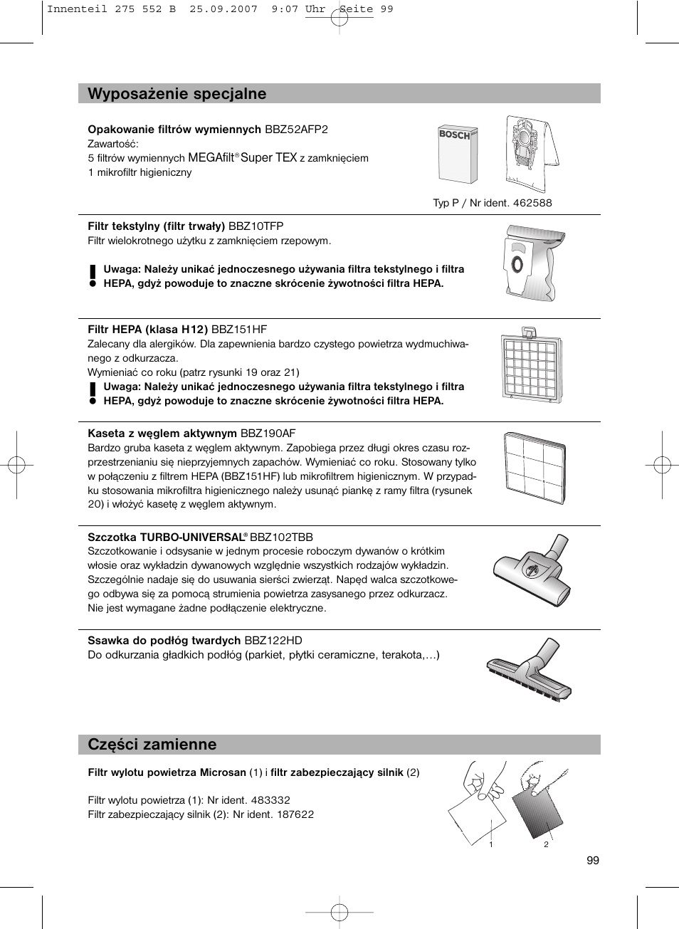 Wyposażenie specjalne części zamienne | Bosch BSG8PRO1 User Manual | Page 104 / 157