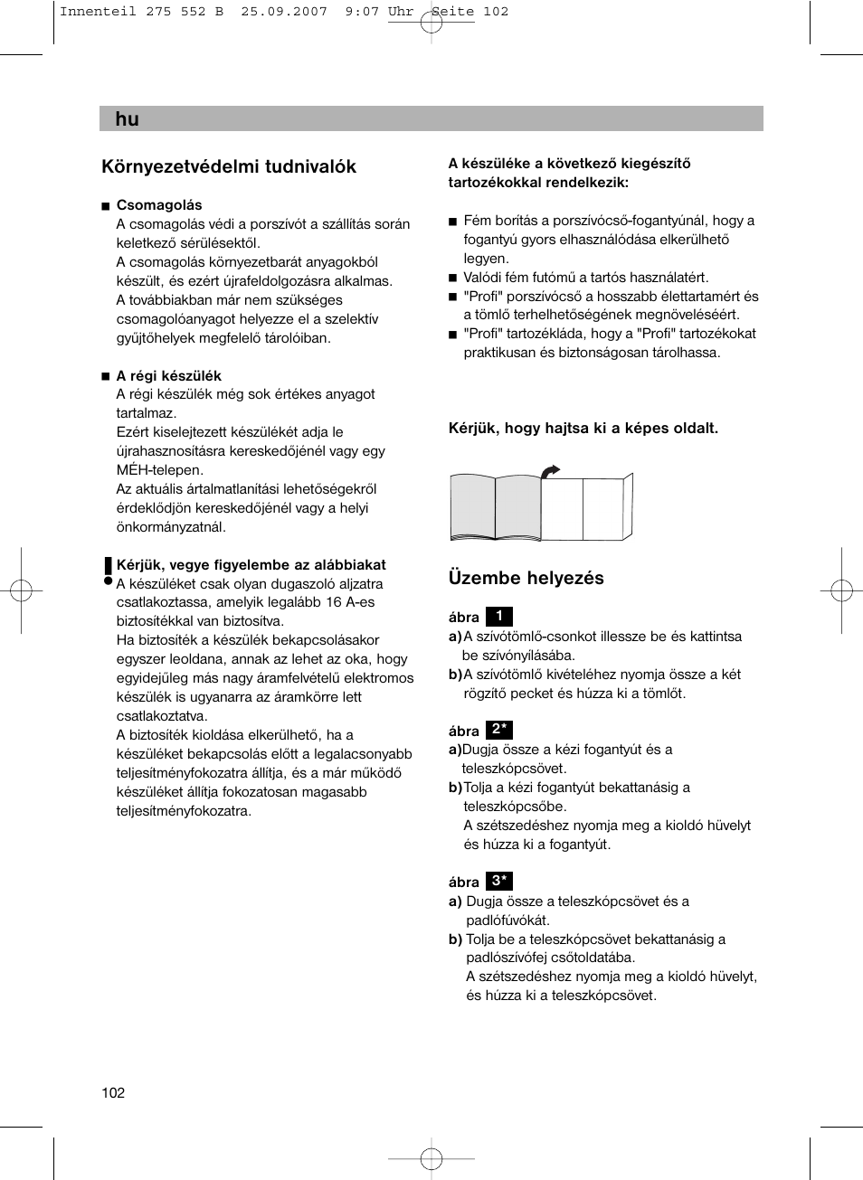 De hu, Környezetvédelmi tudnivalók, Üzembe helyezés | Bosch BSG8PRO1 User Manual | Page 107 / 157