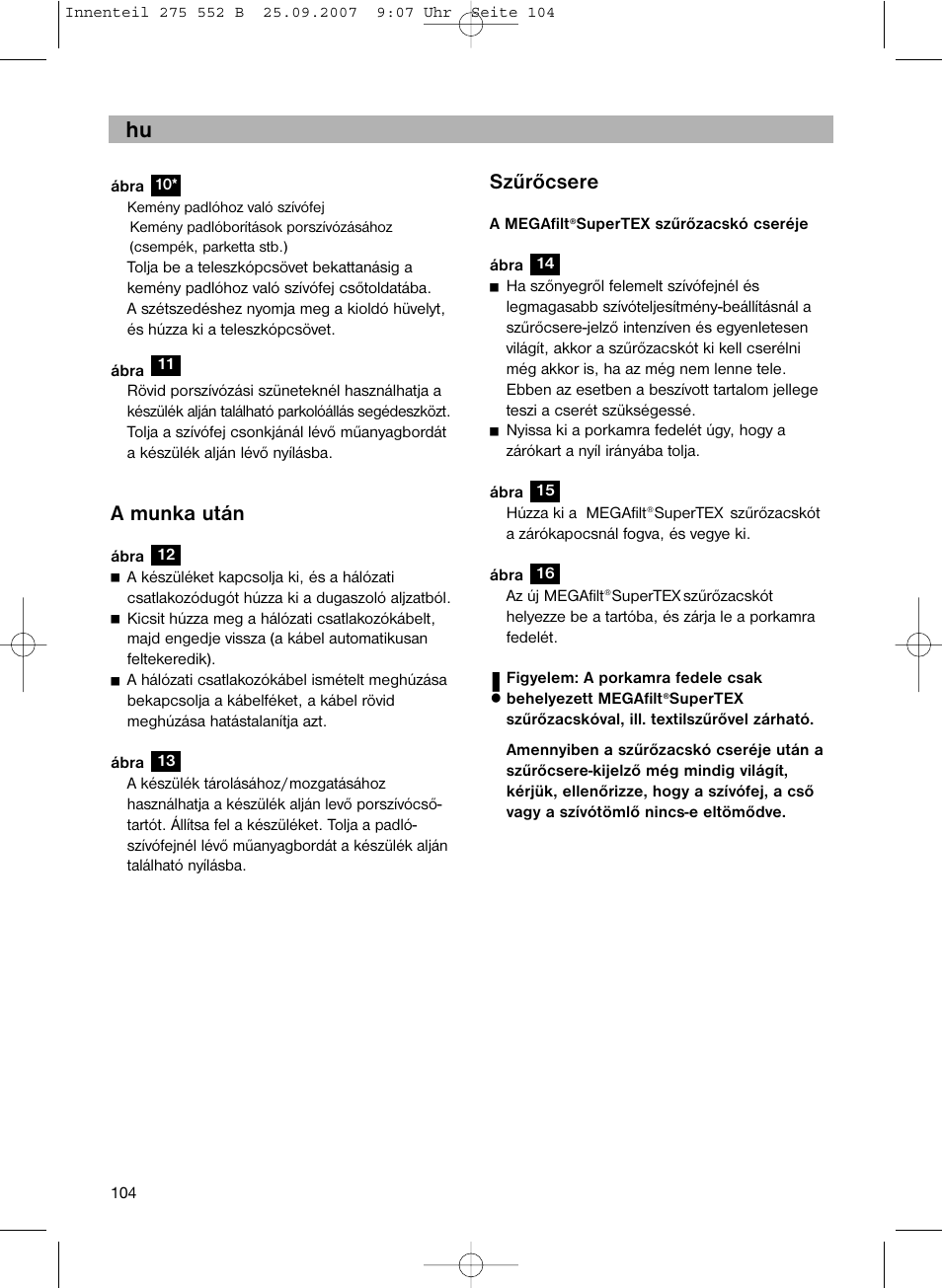 Szűrőcsere, A munka után | Bosch BSG8PRO1 User Manual | Page 109 / 157