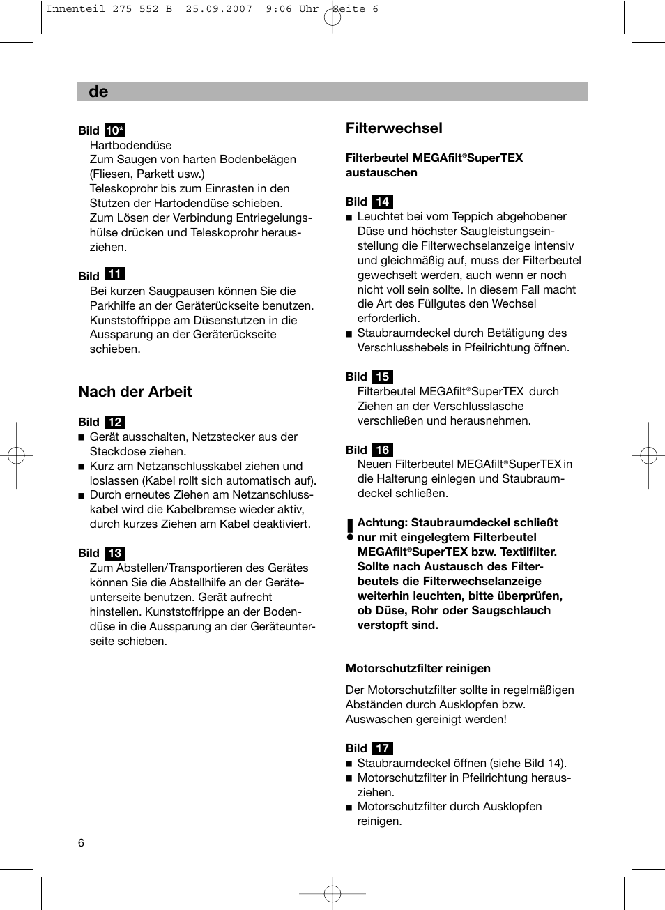 Filterwechsel, Nach der arbeit | Bosch BSG8PRO1 User Manual | Page 11 / 157