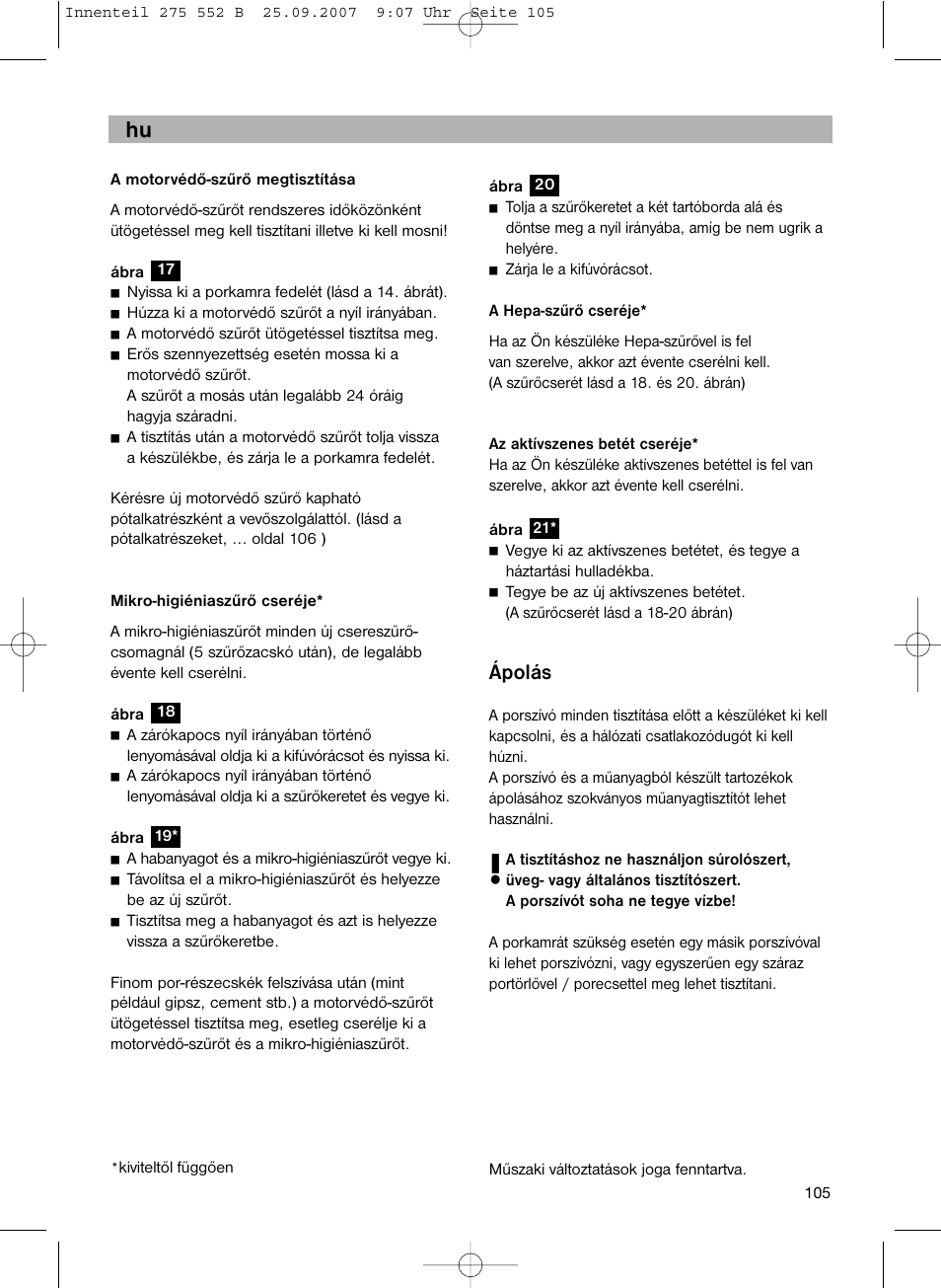 Ápolás | Bosch BSG8PRO1 User Manual | Page 110 / 157